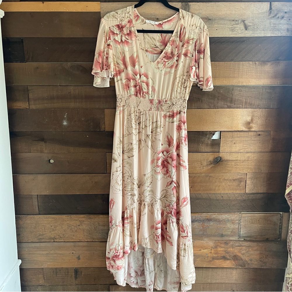 Abel the Label pink floral flutter sleeve v-neck hi low maxi dress